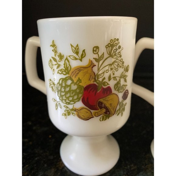 White Milk Glass Pedestal Mugs with Vegetable Design 5 1/2" - Picture 3 of 8